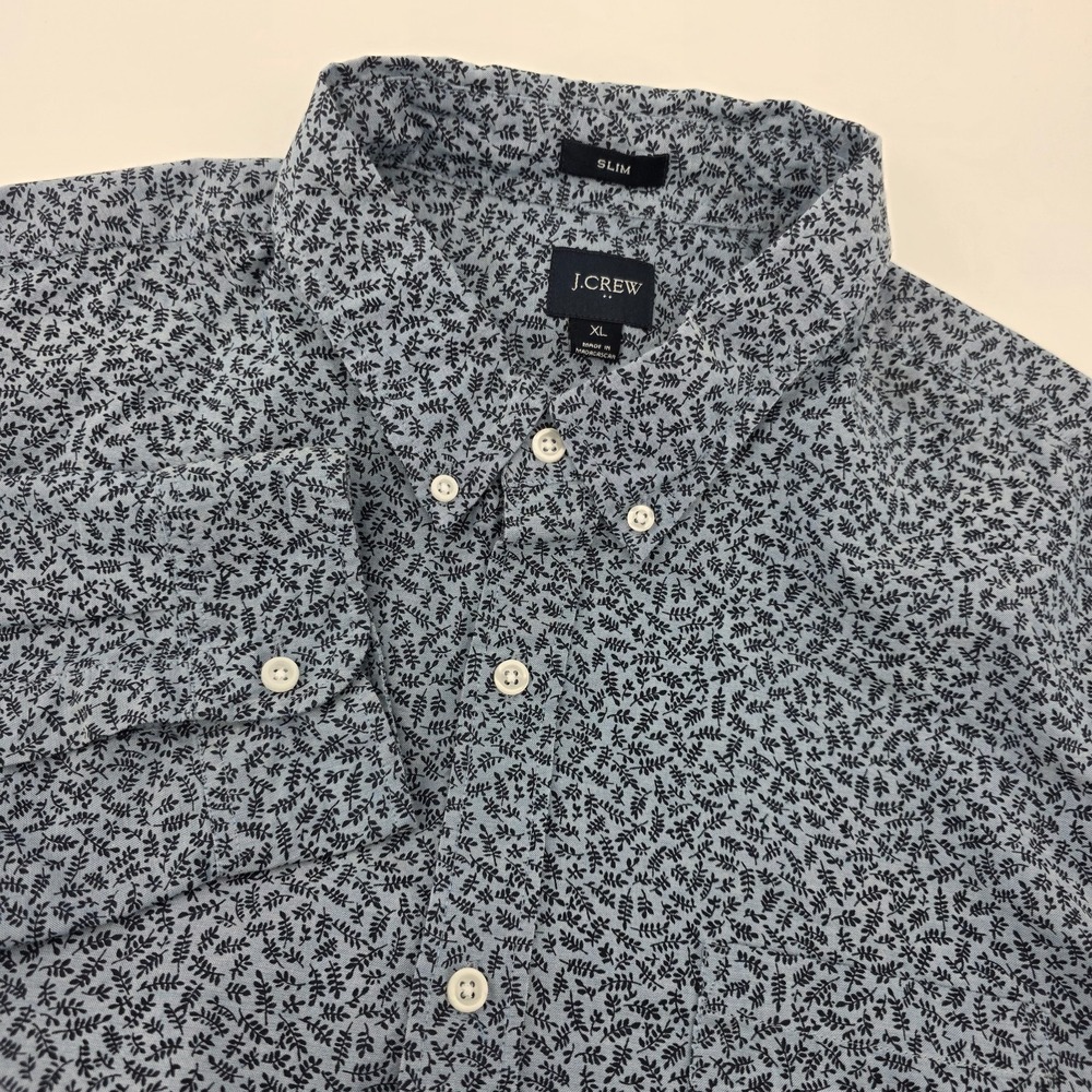 J Crew Slim Button Down Long Sleeve Shirt Mens X-Large Blue Leaf All Over Casual